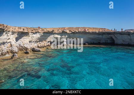 Aerial view of famous Sea Caves in Cape Greco National Forest Park in Cyprus Stock Photo