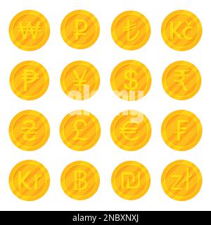 Set of golden coins most used currency symbols icon Stock Vector