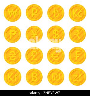 Set of golden coins most used currency symbols icon Stock Vector