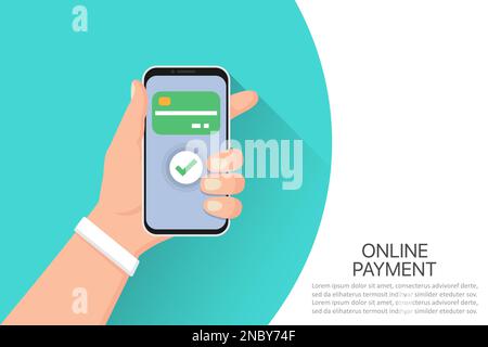Hand holding smartphone with online payment system in a flat design Stock Vector