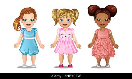 Toddler Girls Cute Cartoon Characters Wearing Party Dresses. Vector Illustration Stock Vector