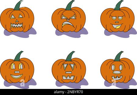 Icon set of funny colored cartoon pumpkins monsters with shadows for your happy halloween Stock Vector