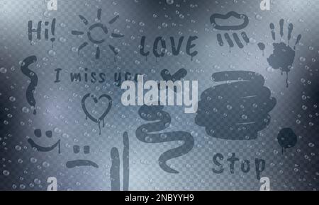 Bathroom misted mirror background with finger drawn text and glassy ...
