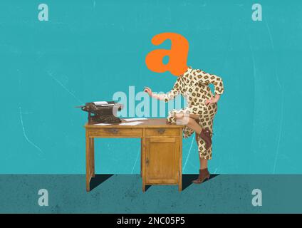 Creative design. Retro woman standing at table with vintage typewriter and making news on color background. Concept of surrealism, creativity Stock Photo