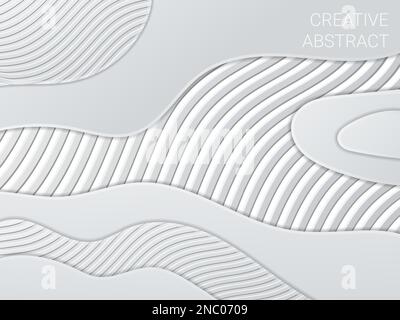 3D texture background. White layers. Abstract topographic pattern. Minimal creative relief backdrop. Topography modern wallpaper. Curve gray gradient shapes. Striped surface. Vector geometry design Stock Vector