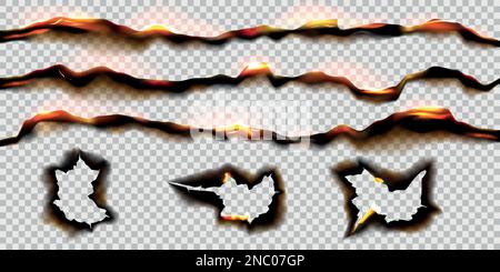 Back paper ashes. Burned pages. Retro broken sheets. Scorched scroll edges. Fire destroyed effects set. Old ripped parchment texture. Rough torn borders. Flaming holes. Vector realistic background Stock Vector