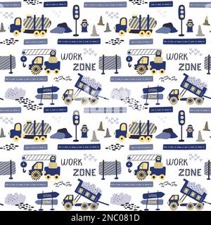 Cute vehicle. Simple cars pattern. Baby countryside tractor print. Farm auto machinery childish background design. Industrial trucks driving on highway. Work automobiles. Vector seamless wallpaper Stock Vector