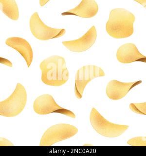 Potato chips, food party pattern. Cooking diet meal, snack collage, baked or fried vegetable pieces, lunch from market. Roasted vegetable. Product wrapping or packaging design vector seamless background Stock Vector