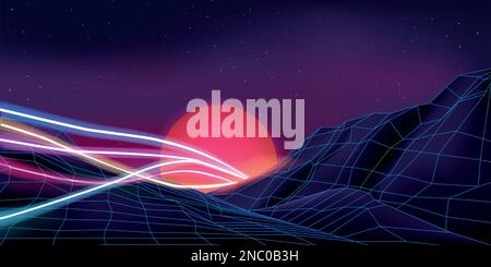 Abstract technology background for computer party. Light space and sun landscape, retro mountains, digital glowing wave. Cyber surface 90s style, purple lights, arcade games vector design illustration Stock Vector