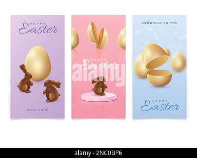 3D Easter bunny. Greeting cards design. Gold eggs and chocolate rabbits. Spring celebration. Minimal holiday corporate background. Happy cover with modern delicious cocoa eggshells. Vector posters set Stock Vector