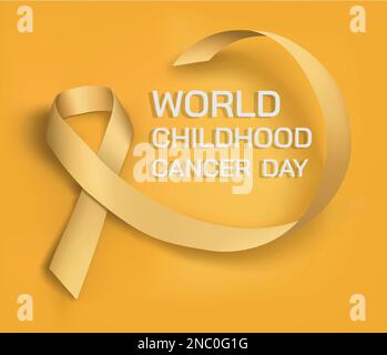 World childhood cancer day, silk yellow ribbon. Family, children and kids charity, sympathy, help association. Life and disease diagnosis. Loop bow. Web banner template. Vector realistic illustration Stock Vector