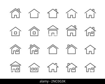 Home complex. Residential building. Architecture outline signs. Patria house. Real estate. Casa icons. Simple basic mansions in habitat. Homely or homepage button symbols. Vector line pictograms set Stock Vector