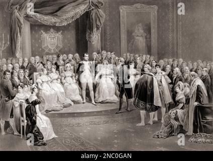 Napoleon and his court.  Napoleon Bonaparte, 1769 -1821. Emperor of the French.  From an engraving by Louis Stanislas Marin-Lavigne after the painting by Victor Adam. Stock Photo