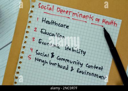 Concept of Social Determinants of Health write on paper book isolated on Wooden Table. Stock Photo