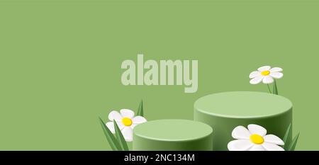 Spring green podium, cylinder pedestal with white chamomile daysy flowers and grass, render 3d graphics, spatious Stock Vector