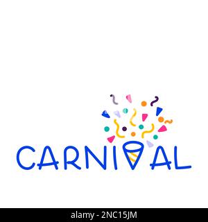 Happy Carnival. Carnival lettering with the letter vee in the shape of a party popper. Exploding party popper with confetti. Carnival party banner. Ve Stock Vector