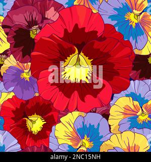 Bright red and orange flowers of pansy on a dark burgundy background. Seamless vector pattern. Hand drawing vector illustration. Stock Vector