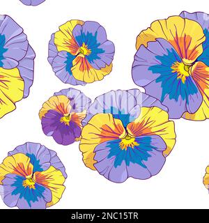 blue and purple pansy on a dark background. Seamless vector pattern. Hand drawing flowers vector illustration. Stock Vector