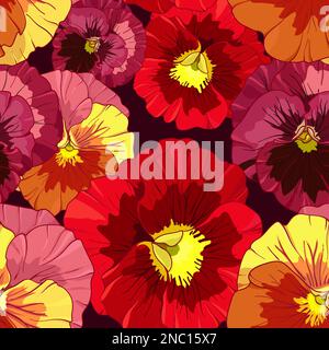 Bright red and orange flowers of pansy on a dark burgundy background. Seamless vector pattern. Hand drawing vector illustration. Stock Vector
