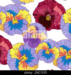 blue and purple pansy on a dark background. Seamless vector pattern. Hand drawing flowers vector illustration. Stock Vector