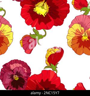 Bright red and orange flowers of pansy . Seamless vector pattern. Hand drawing vector illustration. Stock Vector