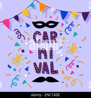 Happy Carnival. Lettering, garland and symbols. Carnival party banner. Vector illustration, flat design Stock Vector