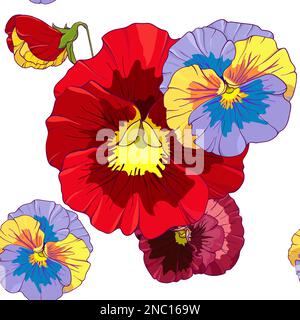 Bright red and orange flowers of pansy . Seamless vector pattern. Hand drawing vector illustration. Stock Vector