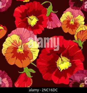 Bright red and orange flowers of pansy on a dark burgundy background. Seamless vector pattern. Hand drawing vector illustration. Stock Vector
