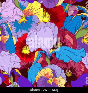 blue irises and red and purple pansy on a dark background. Seamless vector pattern. Hand drawing flowers vector illustration. Stock Vector