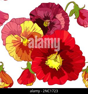 Bright red and orange flowers of pansy . Seamless vector pattern. Hand drawing vector illustration. Stock Vector