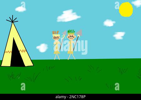 Indians with spears near the wigwam. Children's drawing Stock Photo