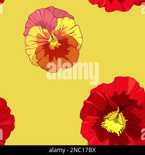 Bright red and orange flowers of pansy on a yellow background. Seamless vector pattern. Hand drawing vector illustration. Stock Vector