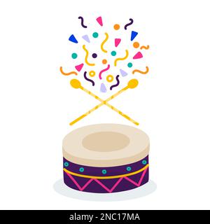 Happy Carnival. Drum and drum sticks with exploding confetti. Carnival party banner. Vector illustration, flat design Stock Vector