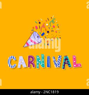 Happy Carnival. Exploding party popper with confetti. Carnival party banner. Vector illustration, flat design Stock Vector