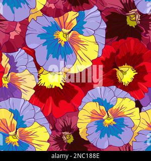 Bright red and orange flowers of pansy on a dark burgundy background. Seamless vector pattern. Hand drawing vector illustration. Stock Vector