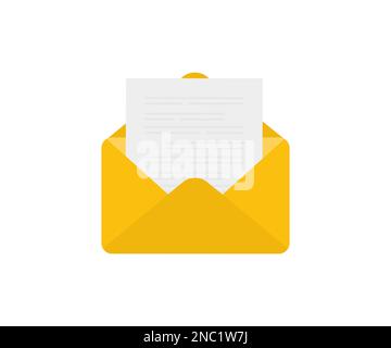 Open envelope with a document. New letter logo design. Opened envelope with note paper. Document enclosed in an envelope. Delivery of correspondence. Stock Vector