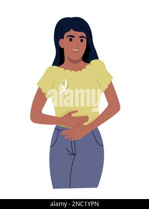 A young smiling girl is holding her stomach with her hands. Endometriosis Awareness Ribbon. An African American woman and a symbol of womens health. W Stock Vector