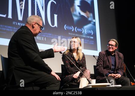 Mark Kermode, Aimee Lou Wood and Stephen Woolley photographed during the Mark Kermode in 3D held at Bfi Southbank , London on Monday 5 December 2022 . Picture by Julie Edwards. Stock Photo