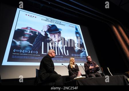 Mark Kermode, Aimee Lou Wood and Stephen Woolley photographed during the Mark Kermode in 3D held at Bfi Southbank , London on Monday 5 December 2022 . Picture by Julie Edwards. Stock Photo