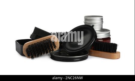 Set of shoe care products on white background Stock Photo