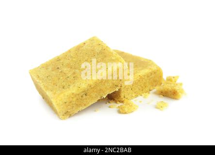 Bouillon cubes on white background. Broth concentrate Stock Photo