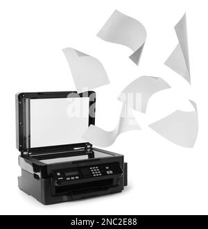Modern multifunction printer and flying sheets of paper on white background Stock Photo