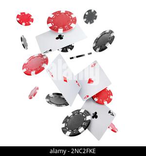 Casino chips and playing cards falling on white background Stock Photo