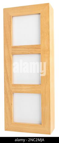 Three slot photo frame with blank spaces for pictures or text isolated on a white background. Wooden photo frame Stock Photo