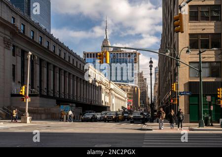 The Moynihan Train Hall at Penn Station, left, formerly the James Farley Post Office, with the Empire State Building, Madison Square Garden, and the renovation of 2 Penn Plaza in New York on Friday, February 3, 2023. (© Richard B. Levine) Stock Photo