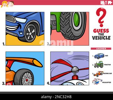 Cartoon illustration of educational game of guessing the vehicle for children Stock Vector