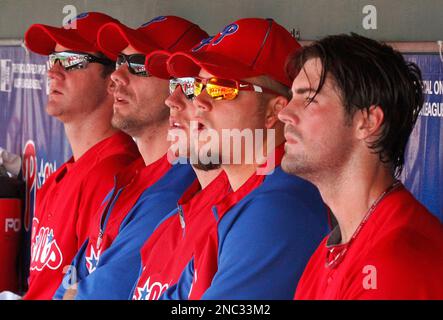 From left, Philadelphia Phillies pitchers Roy Oswalt, Joe Blanton and Roy  Halladay enter the ballpark in their green St. Patrick's Day jersey prior  to action against the Toronto Blue Jays at Bright