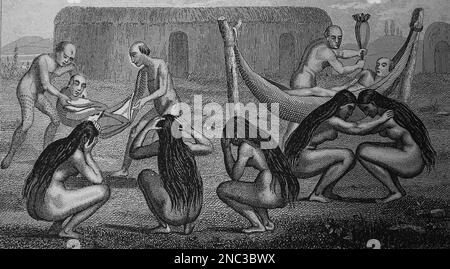 Funeral of the Tuinamba people, Brazil. Engraving, 19th century. Stock Photo