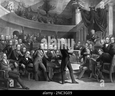 Henry Clay and the Compromise of 1850. Henry Clay, 'the Great Compromiser,' introduces the Compromise of 1850 in his last significant act as a senator. In a desperate attempt to prevent war from erupting, the 'Great Triumvirate,' of Daniel Webster of Massachusetts, John C. Calhoun of South Carolina, and Clay of Kentucky struggled to balance the interests of the North, South, and West. This image shows all three men, with Clay at center stage, presenting his compromise to the Senate (Wikipedia) Stock Photo