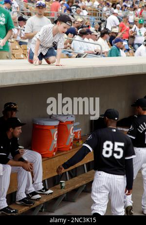 CHICAGO, IL- APRIL 9: Southpaw, the Chicago White Sox mascot entertains  fans in between innings during the game between the Tampa Bay Rays against  the Chicago White Sox at U.S. Cellular Field